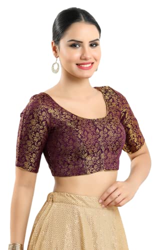 Image of Vamas Women's Brocade & Georgette Padded Self Design Half Sleeve Readymade Saree Blouse (X-1126.ELB)