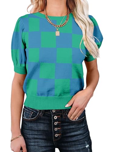 Image of Womens Puff Short Sleeve Sweater Tops Crewneck Basic Knit Pullover Lightweight Casual Sweaters
