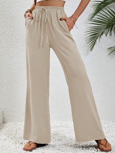 WOWULOVELY Women's High Waisted Wide Leg Long Pants Palazzo Casual Trousers with Pockets4