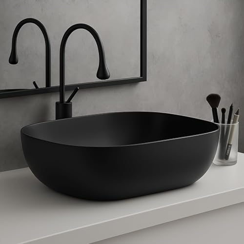 Image of OSOSAM Premium Designer Table Top Ceramic Wash Basin /Vessel Sink with Slim Rim for Bathroom (18 x 13 x 5.5 Inch) (Black)
