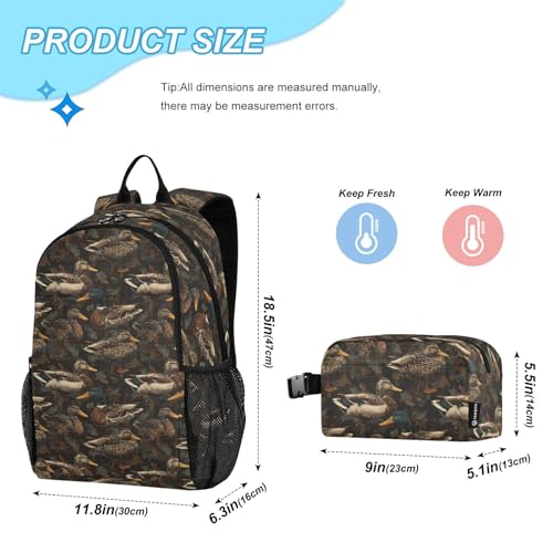Kids Backpack Grey Mallard Duck Leaves Camo School Bookbag with Lunch Bag for Boys Girls Preschool Kindergarten Elementary Laptop Daypack2