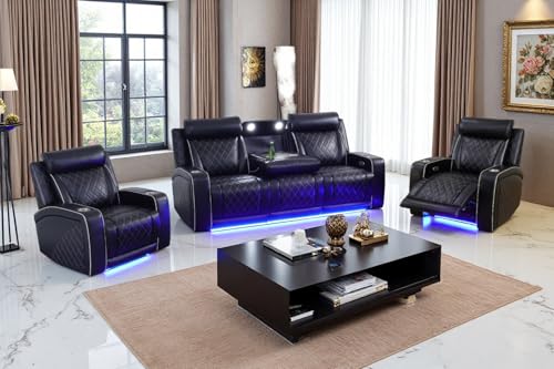 COSYMOOR Power Recliner Sofa Set with LED Light, Black Leather Sofa and 2 Chairs Set, Living Room Furniture Sets, Modern Couches Power Reclining Sets with Cup Holder/Storage Console for Living Room