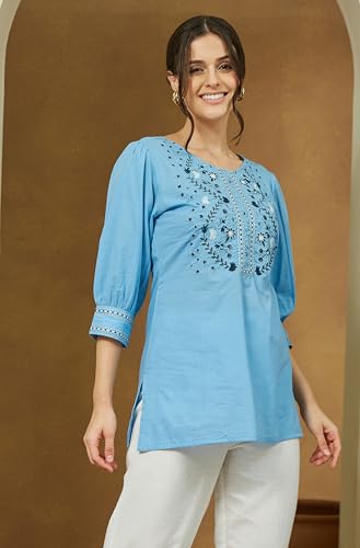 Image of Janasya Women's Pure Cotton Embroidered Straight Tunic