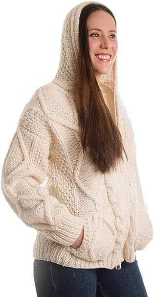 100% Sheep Wool Aran Cable Knit Hooded Zip Cardigan Sweater (Beige, Large) - Main Image