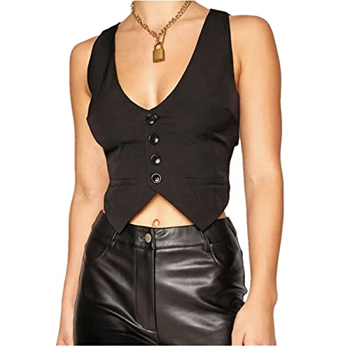 Women's V Neck Button Down Crop Vest Top Business Sleeveless Waistcoat Vintage Grunge Suit Vest Y2K Streetwear