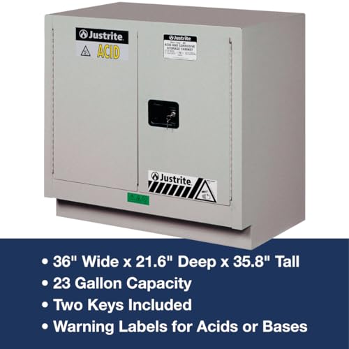 Image of Justrite Acid Corrosive Storage Cabinet - 23 Gallon 2 Door Self Close Chemical Storage Cabinet with ChemCor Coating - 22 inch x 36 inch x 36 inch - Made in The USA - Silver - 8837242