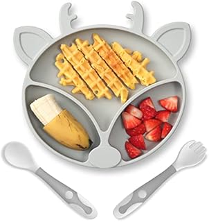 ROCCED Suction Plates for Toddlers, Silicone Plates with Suction for Baby Divided, Baby Spoon Fork Set for Toddler Baby Dishes Kids Plates and Utensils-Deer Grey