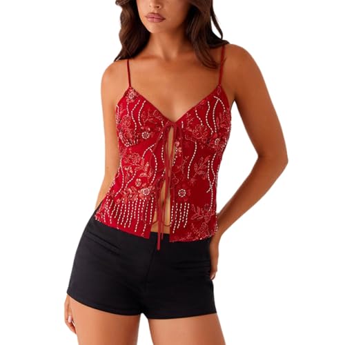 Women Sequin Cami Tops Y2K Tie Front Lace Up Crop Sparkle Top Sexy Backless Low Cut Plunge V Neck Strap Tank Tops
