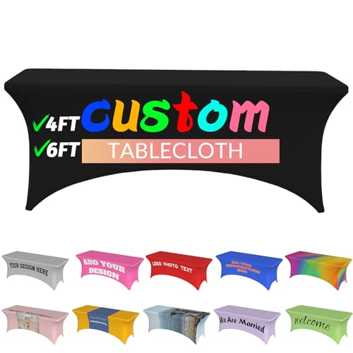 WOTYAPA Custom Table Cloth with Business Logo Text Photo,Personalized Stretch Table Cloths for 6 FT Tables,Custom Tablecloth for Events Customized Fitted Rectangular Stretch Tablecloth(6FT)
