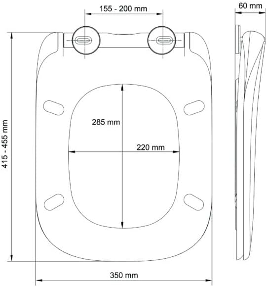 Technical drawing with dimensions for BEMIS Teramo toilet seat