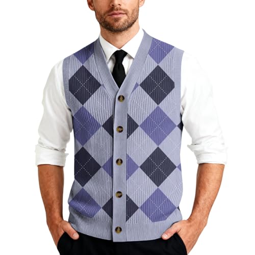 Image of Men's V-Neck Knitted Gilet Sweater Vest Sleeveless Jumpers for Men UK Smart Casual Plaid Classic Slim Fit Layering Soft Touch Tank Top with Buttons for Gentleman Autumn Light Purple S