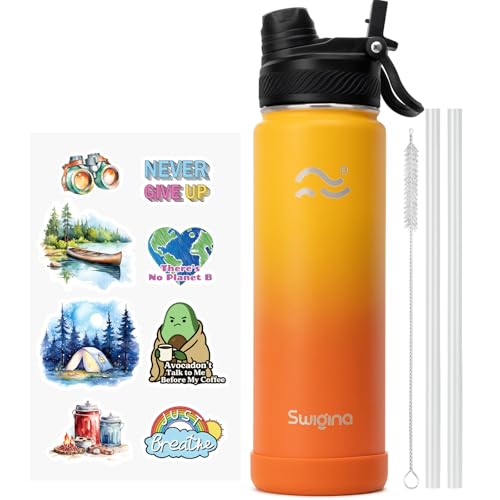 Image of Swigina [2-IN-1 LID] Insulated Water Bottle with Silicone Boot (36hrs Cold /18hrs Hot) - DIY Stickers, Leakproof, BPA Free, 24 oz