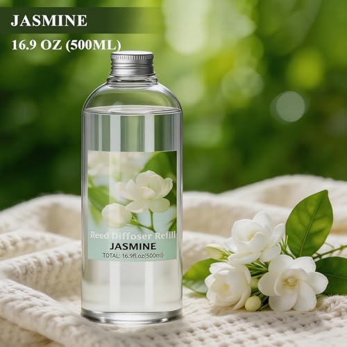 Image of STRN Reed Diffuser Refill, Jasmine Scent Diffuser 500ml | 16.9 oz with 6 Reed Sticks, Room Fresheners for Home, Long-Lasting Summer Fragrance for Living Room, Bedroom, Office, Home Decor