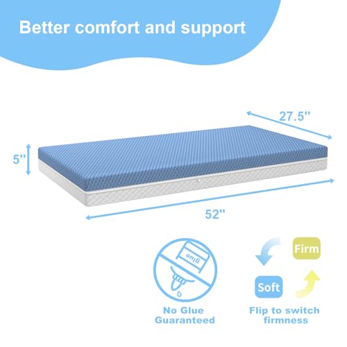 Image of 5 inchx 27.5 inchx52 inch Mattress, 2-Stage Dual-Sided Odorless & Noiseless Glue Free, 2 Independent Foam Layers, Water-Proof, Detachable and Washable, Pure White & Blue