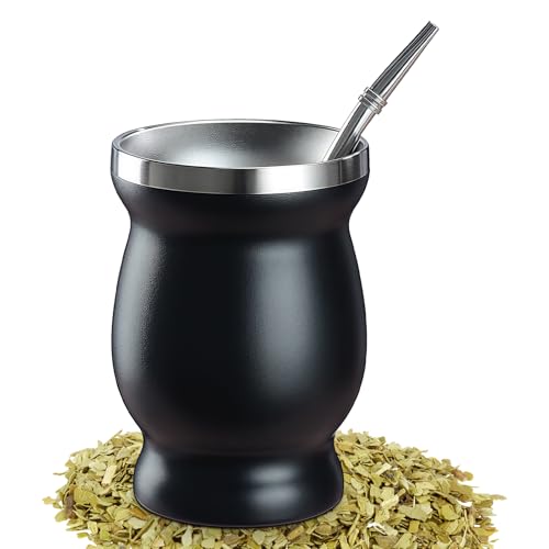 Juego de té mate, taza de acero inoxidable, taza de doble pared, aislante, juego de tazas de té con cuchara, pajita y cepillos de limpieza, taza de té mate, taza de té, antiquemaduras, aislamiento