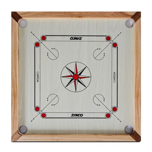 Image of Synco 27 inch Inch Mango Carrom Board for Kids 8-12 Years Old | Mango Sheesham Wood Frame | 7mm Pinewood Playing Surface | Includes Striker, Coins and Boric Powder | Premium Board for Practice