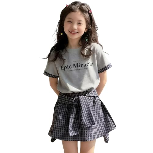 [HONGHXUAN] 子供服 女の子 スカートスーツ セットアップ キッズ ガールズ 上下セット 半袖Ｔシャツ スカート 夏服 ジャージ 半袖スウェット 運動風 韓国 ゆったり お洒落 お出かけ 学生 120-170CM (グレー, 150)