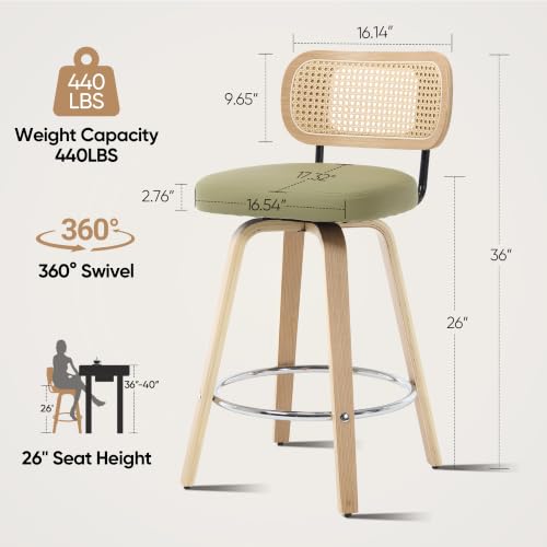 Image of Rattan Bar Stools Set of 2,Upholstered PU Leather, 26'' Counter Height Barstools with Back and Wood Legs,360Swivel,Mid-Century Modern Bar Stool for Kitchen Island Dining Room and Bar(Grass Green)