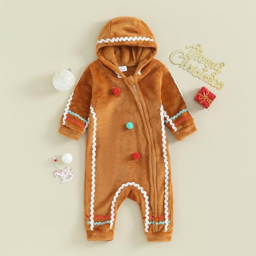 Baby Boys Girls Christmas Gingerbread Clothes Fuzzy One-piece Long Sleeve Hooded Romper Jumpsuit Cosplay Outfit2