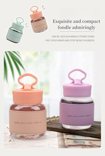 Image of Aesthetic Mobile Handle Water Bottle With Lather Sleeve 300 ML, Set Of 2 Reusable Coffee Mug Mini Portable Glass Sippy Cups for Juice, Milk, Iced Coffee & Kids, Leakproof Travel Bottles - MULTICOLOR