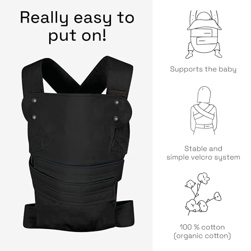 Marsupi Marsupio Per Neonati Dalla Nascita Fino A 15 Kg - Marsupio Leggero E Compatto - Con Chiusura A Strappo - Sistema Di Fissaggio Facile E Robusto - Cotone Biologico,Black L - 2