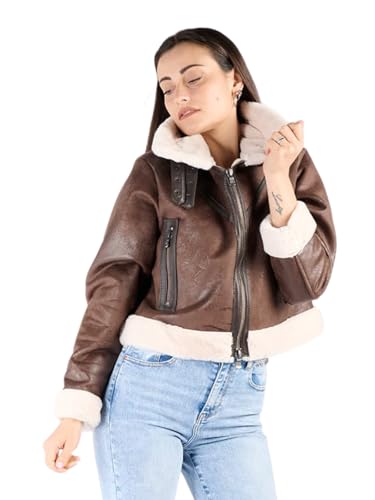 BARONE Schafsjacke für Damen, Lederjacke für Damen, Shearling, Lammfell und Alcantara, hergestellt in Italien, braun, M