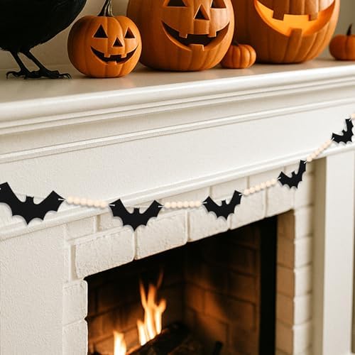 Happy Halloween Decorations Garland Banner Black Felt Bats with Wood Beads Pre-Assembled Farmhouse Spooky Hanging Banner for Mantle, Fireplace, Wall, Indoor Outdoor Party Supplies