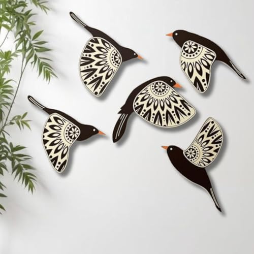 Image of SAF Wooden 3D 5 Pieces Birds on Rope Wall Art Panel | Wood Bird Folk Art Wall Hanging Art Decoration Item for Living Room, Bedroom, Drawing Room, Dining Room & Office (Black) (Multicolour)