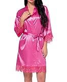 DELEY Frauen Kimono Robe Satin Seide Bademantel Morgenmantel Spitze Getrimmt Kurze Nachtwäsche Braut Brautjungfer Roben Rose Rot Größe M