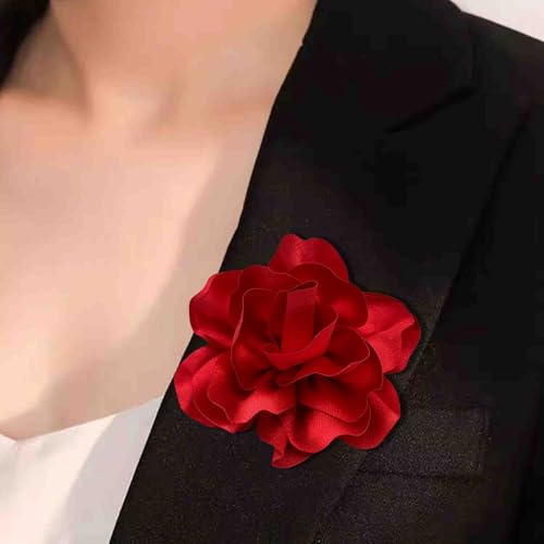 Image of 2Pcs 5in Dainty Satin Fabric Flower Brooch Extra Large Rose Camellia Flower Brooches Lapel Pins for Women Wedding Party Dance Banquet Clothes Jewelry Accessories