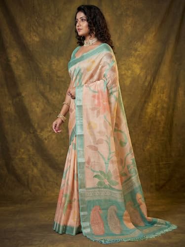 Image of AKHILAM Women's Floral Printed Handloom Cotton Silk Saree with Zari Border and Tassel Pallu Unstitched Blouse Piece | Traditional Ethnic Wear Sarees | Women saree silk | Festive Sari Women's