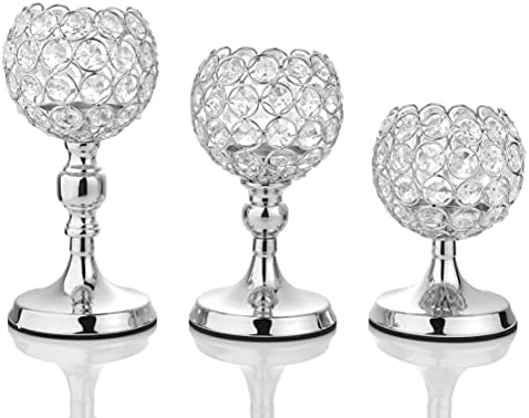 Silver Crystal Candle Holders Set of 3 Silver Pillar Candlesticks for Home Decor Wedding Kitchen Dinner Tabletop Centerpieces Decorative Birthday Candle Gifts ( NO Assembly Required )