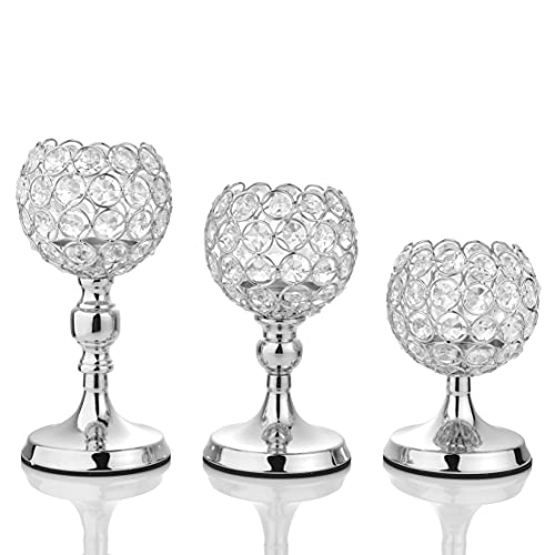 Silver Crystal Candle Holders Set Of 3 Silver Pillar Candlesticks For Home Decor Wedding Kitchen Dinner Tabletop Centerpieces Decorative Birthday Candle Gifts ( No Assembly Required ) #TOP12