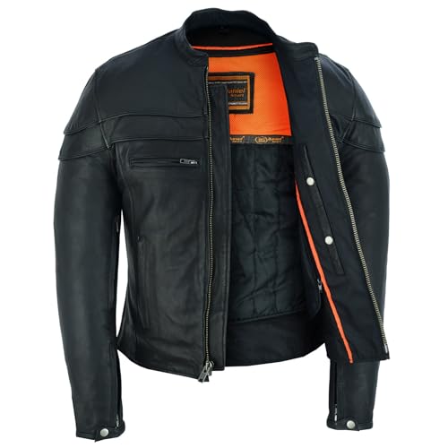 Daniel Smart Mens Leather Motorcycle Jacket Sporty Leather Mens Jacket with Stripe Detailing and Multiple Storage Pockets