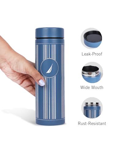 Image of NAUTICA Premium Leak-Proof Insulated Water Bottle - 1pc (Stern)| 500ml | Stainless Steel Flask with 24 Hours Temperature Retention | Ideal for Travel, Gym, Office Use Titanium Printed-Blue /White