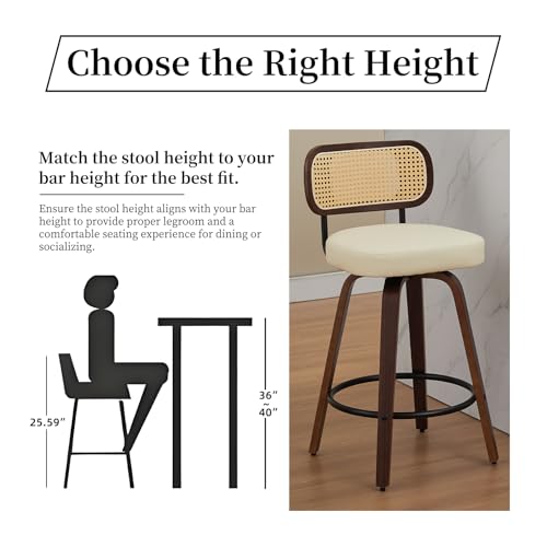 Image of Swivel Counter Height Bar Stools Set of 4, 26 inch Bar Chairs with Curved Rattan Back, Upholstered PU Leather, Walnut Craftsmanship, Mid Century Modern Counter Stools for Kitchen Counter, Beige