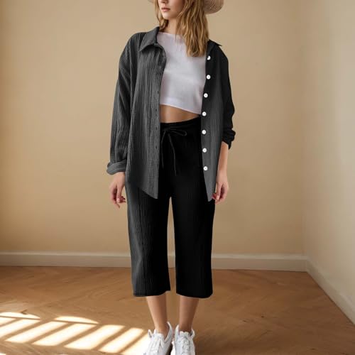 2 Piece Sets for Women Summer Short Sleeve Button Down Shirt and Capris Lounge Matching Set Vacation Beach Outfits Fashion2