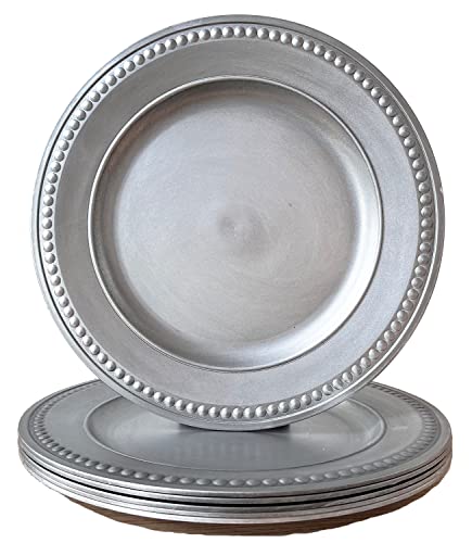 Umisriro Antique Silver Charger Plates,13 Inch Vintage Dinner Plate Chargers Round Server Ware.Set of 6 Plastic Beaded Chargers for Dinner Plates, Party, Wedding(Silver)