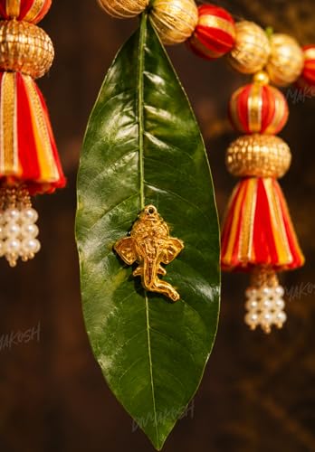Image of Divyakosh Handmade Door Toran for Main Entrance Door| 38 Inch Indian Festive Bandarwal with Mango Leaves, Golden Ganesha, Pearl Tassels & Red Gold Beads | Decorative Hanging for Diwali, Wedding