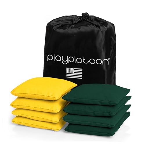 Play Platoon Weather Resistant Cornhole Bags - Set of 8 Regulation Size - Hunter Green & Yellow - Durable Duck Cloth for Tossing Game, Includes Tote Bag