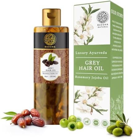 Buddha Natural Hair Oil for Greys & Whites (150 ml, 5.1 Oz) - Restore Natural Black Color of Hair With Unique Herbs oil blend For Men and Women - 100% Ayurvedic - No Mineral Oil