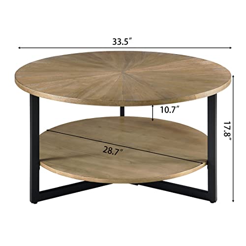 LEEMTORIG 33.5" Round Wood Coffee Table, 2-Tier Circle Round Coffee Table with Storage for Living Room, Mid-Century Modern Style with Texture Surface, Yellowish Brown with Black Metal Legs, KFZ-1338 - Image 3