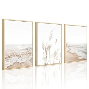 Beach Wall Art Boho Prints Coastal Canvas Wall Art FRAMED, Beach Pictures Wall Art Pampas Grass Ocean Poster Plant Landscape Beach Scene Artwork for Living Room Bedroom Decor 16×24 Inch, Set of 3