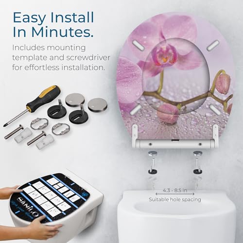 Image of Sanilo Wooden Toilet Seat with Quick Release & Soft Close [ROUND] - Decorative & Slow Close Molded Wood Seat - With One Click for Easy Installation & Cleaning - With Adjustable Fit (Blooming)