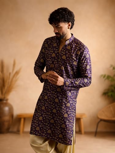 Image of Amazon Brand - Tavasya Men Silk Blend Ethnic Motif Printed Embellished Long Kurta | Regular Fit | Ethnic Wear | Full Sleeve
