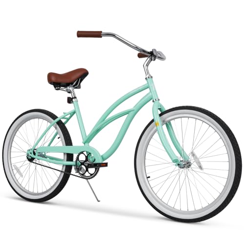 RideOrigin Beach Cruiser Bike for Women and Men, 26 Inch Single Speed Adult Cruiser Bicycle with Coaster Brake, Comfortable Seat Riding Position, Steel Frame Bike for Beach, City Rides Mint