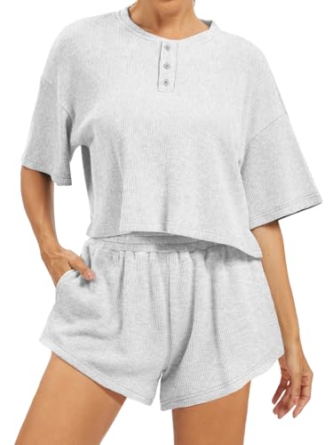 AnotherChill Women's Cropped Waffle Knit Lounge Set – Short Sleeve