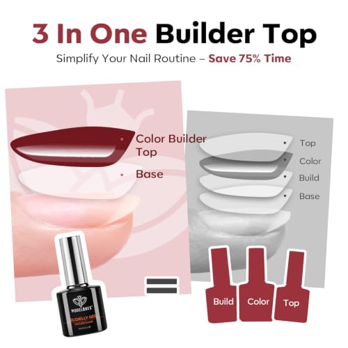 Image of modelones Jelly Burgundy Builder Nail Gel Top Coat Gel Polish in One 15ML | No Wipe Top Coat Sheer Wine Red Self Leveling Apex Buidling Ultra Glossy Long Lasting U V Cure Fall Manicure Gift for Women
