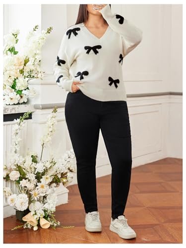 Image of RoseSeek Women's Plus Size Bow Sweaters V Neck Long Sleeve Knit Pullover Tops Soft Knitwear