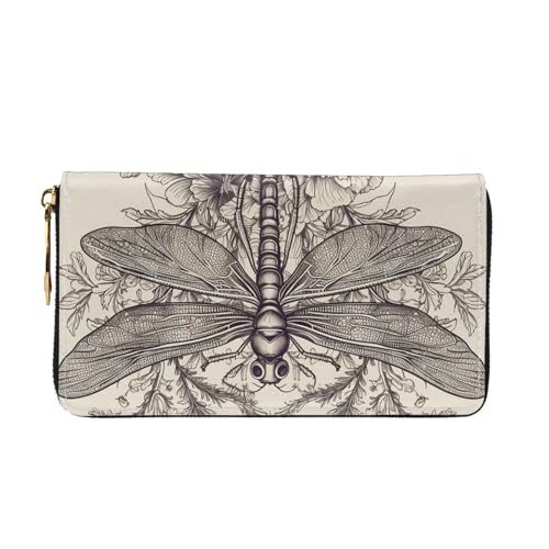 Leather Wallet for Women Men Bifold Wallet Ultra Slim Credit Card Holder Hand Drawn Floral Dragonfly Ladies Clutch Purse3